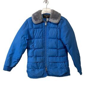 Tempco Vintage Goose Down Puffer Coat Faux Fur Collar Blue Size 10
